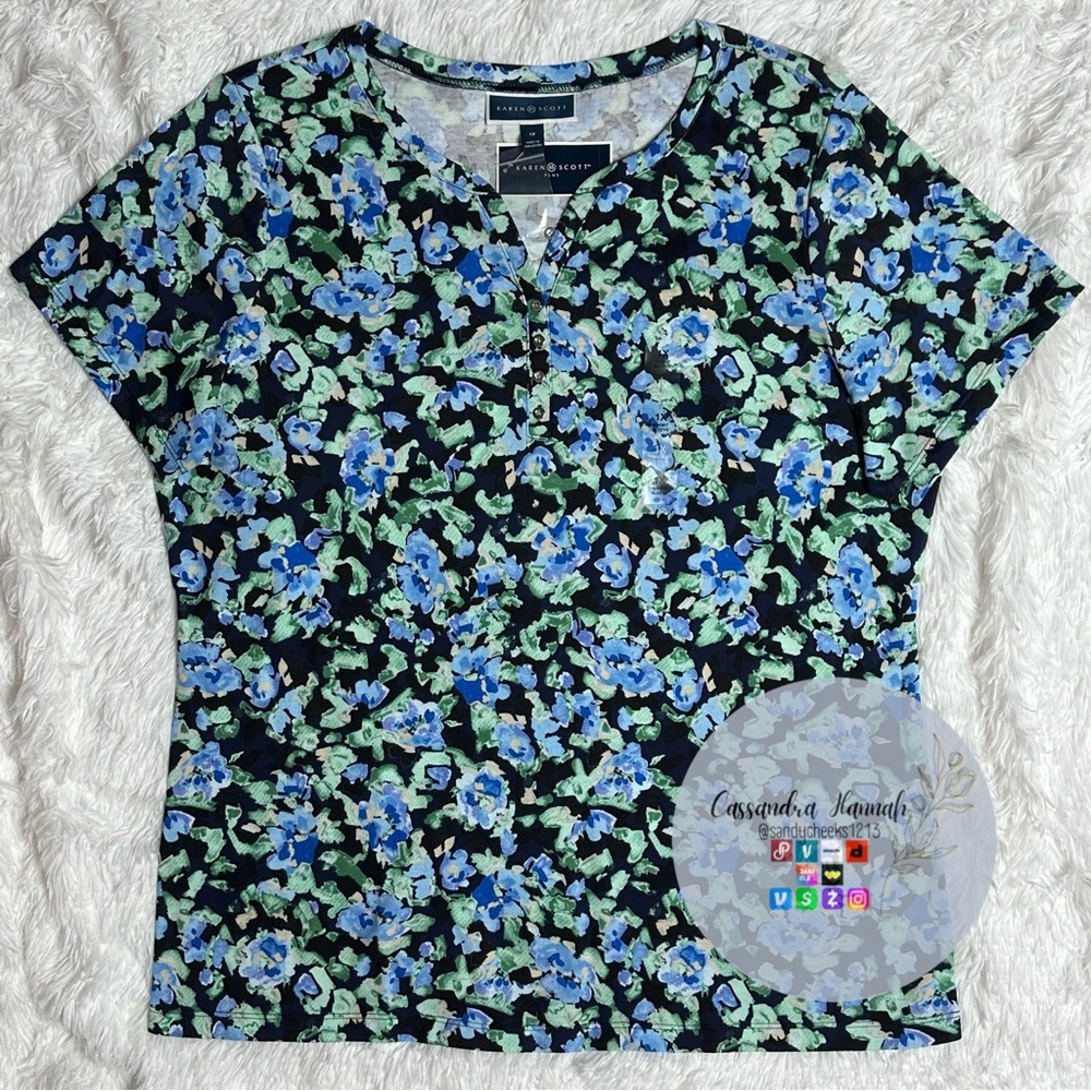 (1X:NWT) $14.99|Karen Scott Sweet Floral Henley Top, Blue - Picture 2 of 15